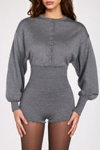 Chic Fine-Knit Long-Sleeve Romper in Grey