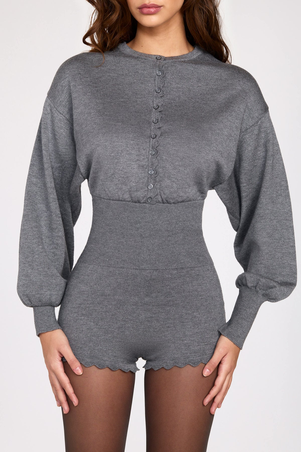Chic Fine-Knit Long-Sleeve Romper in Grey