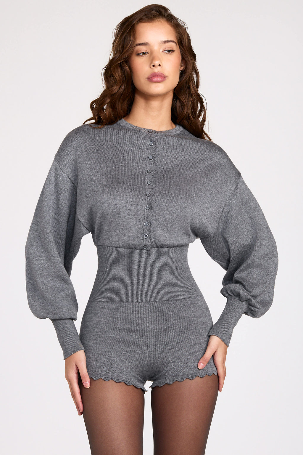 Chic Fine-Knit Long-Sleeve Romper in Grey