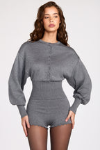 Chic Fine-Knit Long-Sleeve Romper in Grey