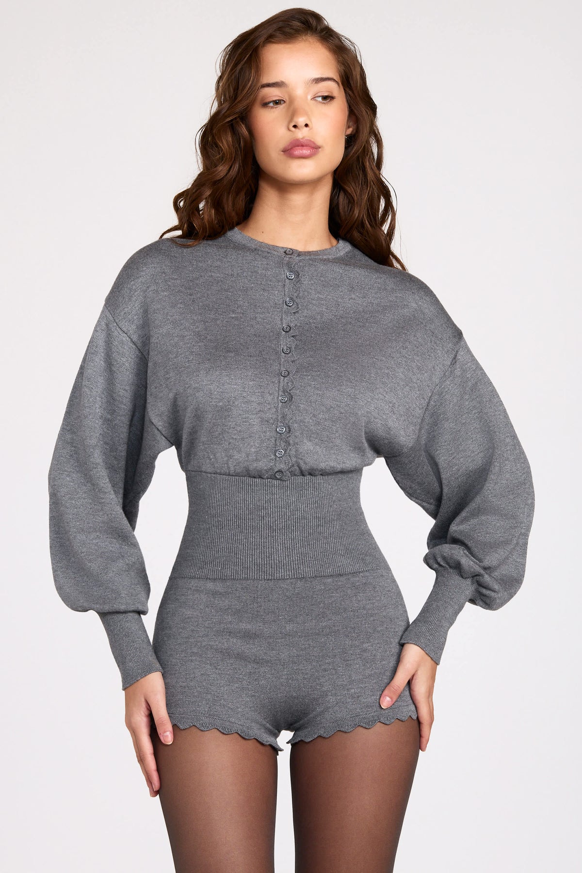 Chic Fine-Knit Long-Sleeve Romper in Grey