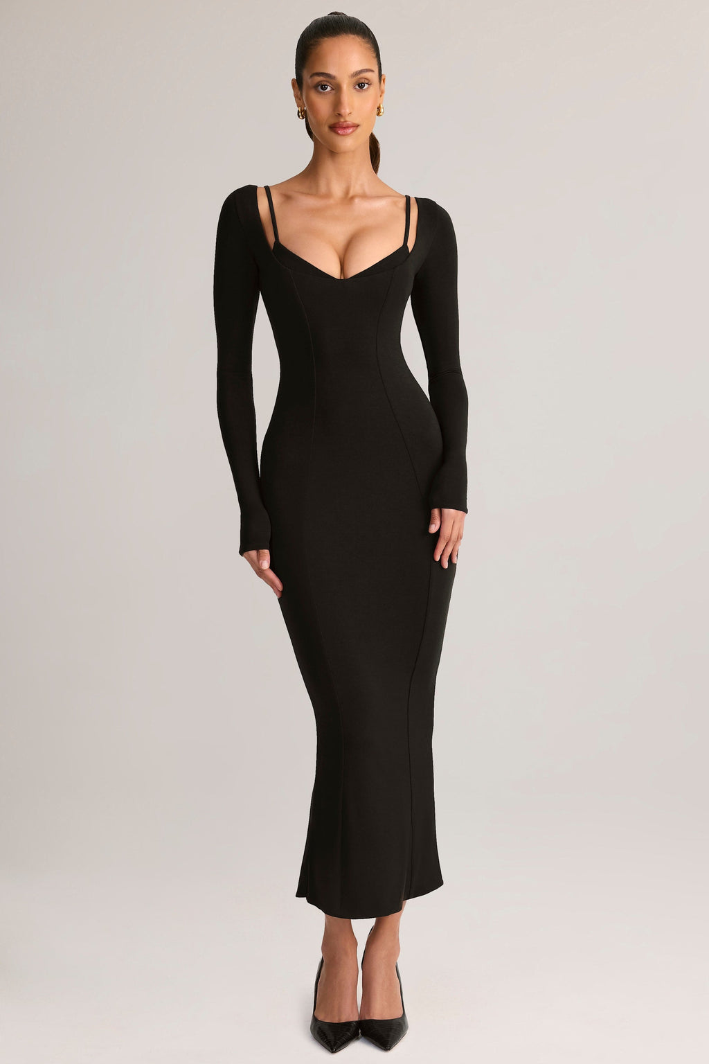 Chic Modal Peekaboo Long-Sleeve Midi Dress in Black