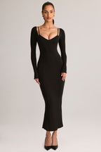 Chic Modal Peekaboo Long-Sleeve Midi Dress in Black