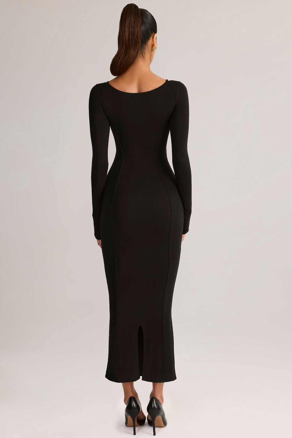 Chic Modal Peekaboo Long-Sleeve Midi Dress in Black