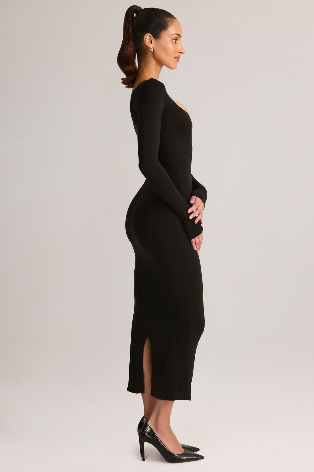 Chic Modal Peekaboo Long-Sleeve Midi Dress in Black