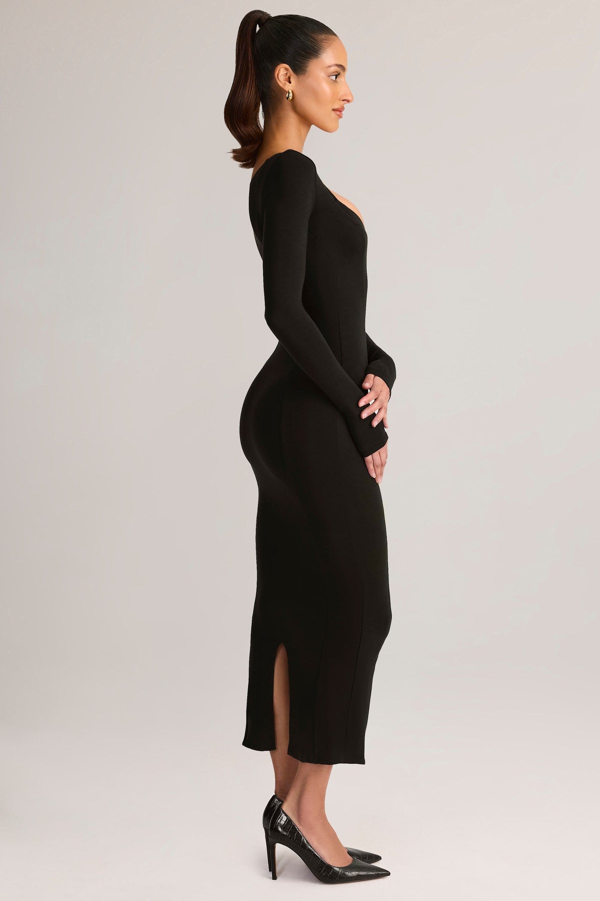 Chic Modal Peekaboo Long-Sleeve Midi Dress in Black