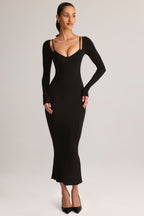 Chic Modal Peekaboo Long-Sleeve Midi Dress in Black