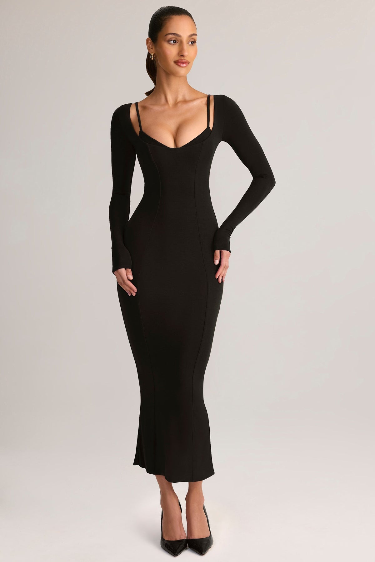 Chic Modal Peekaboo Long-Sleeve Midi Dress in Black