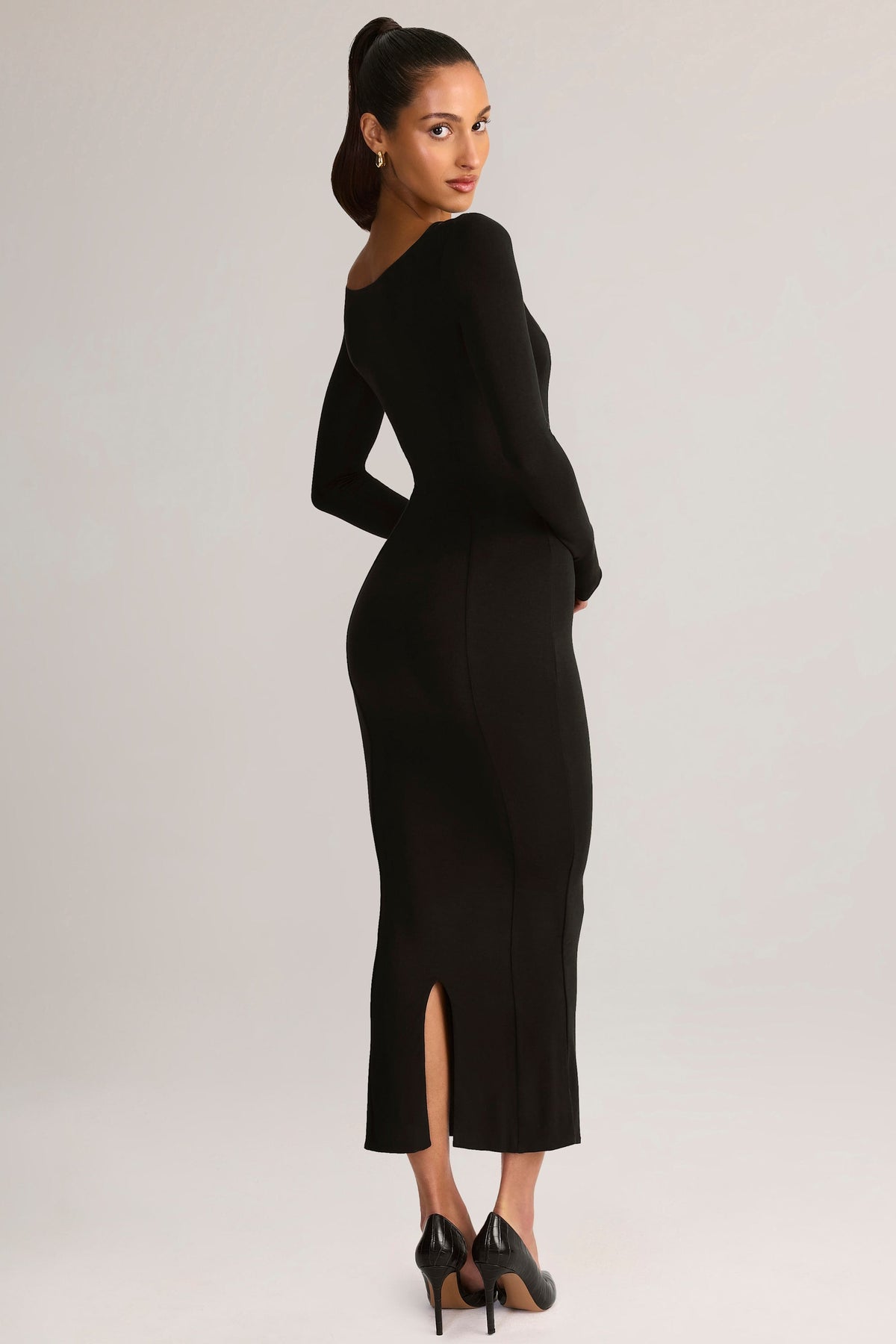 Chic Modal Peekaboo Long-Sleeve Midi Dress in Black