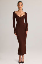 Chic Modal Peekaboo Long-Sleeve Midi Dress in Chocolate Brown