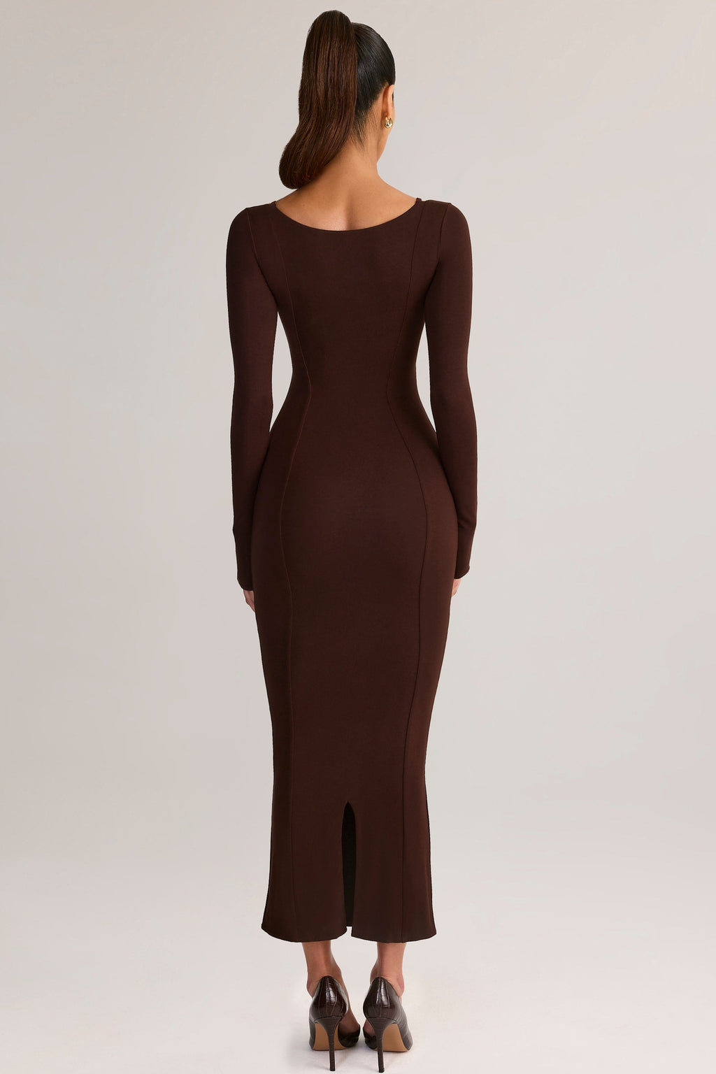 Chic Modal Peekaboo Long-Sleeve Midi Dress in Chocolate Brown