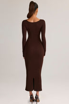 Chic Modal Peekaboo Long-Sleeve Midi Dress in Chocolate Brown