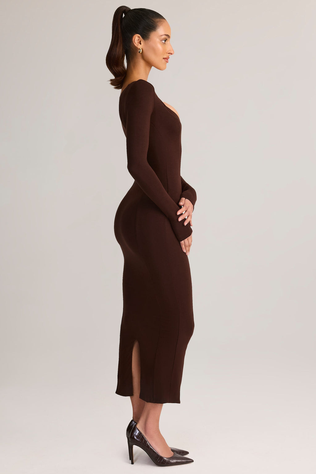 Chic Modal Peekaboo Long-Sleeve Midi Dress in Chocolate Brown