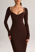 Chic Modal Peekaboo Long-Sleeve Midi Dress in Chocolate Brown
