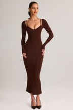 Chic Modal Peekaboo Long-Sleeve Midi Dress in Chocolate Brown