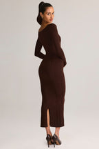 Chic Modal Peekaboo Long-Sleeve Midi Dress in Chocolate Brown