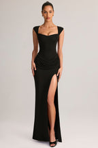 Chic Modal Sweetheart-Neck Cowl-Waist Maxi Dress in Black