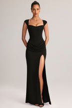 Chic Modal Sweetheart-Neck Cowl-Waist Maxi Dress in Black