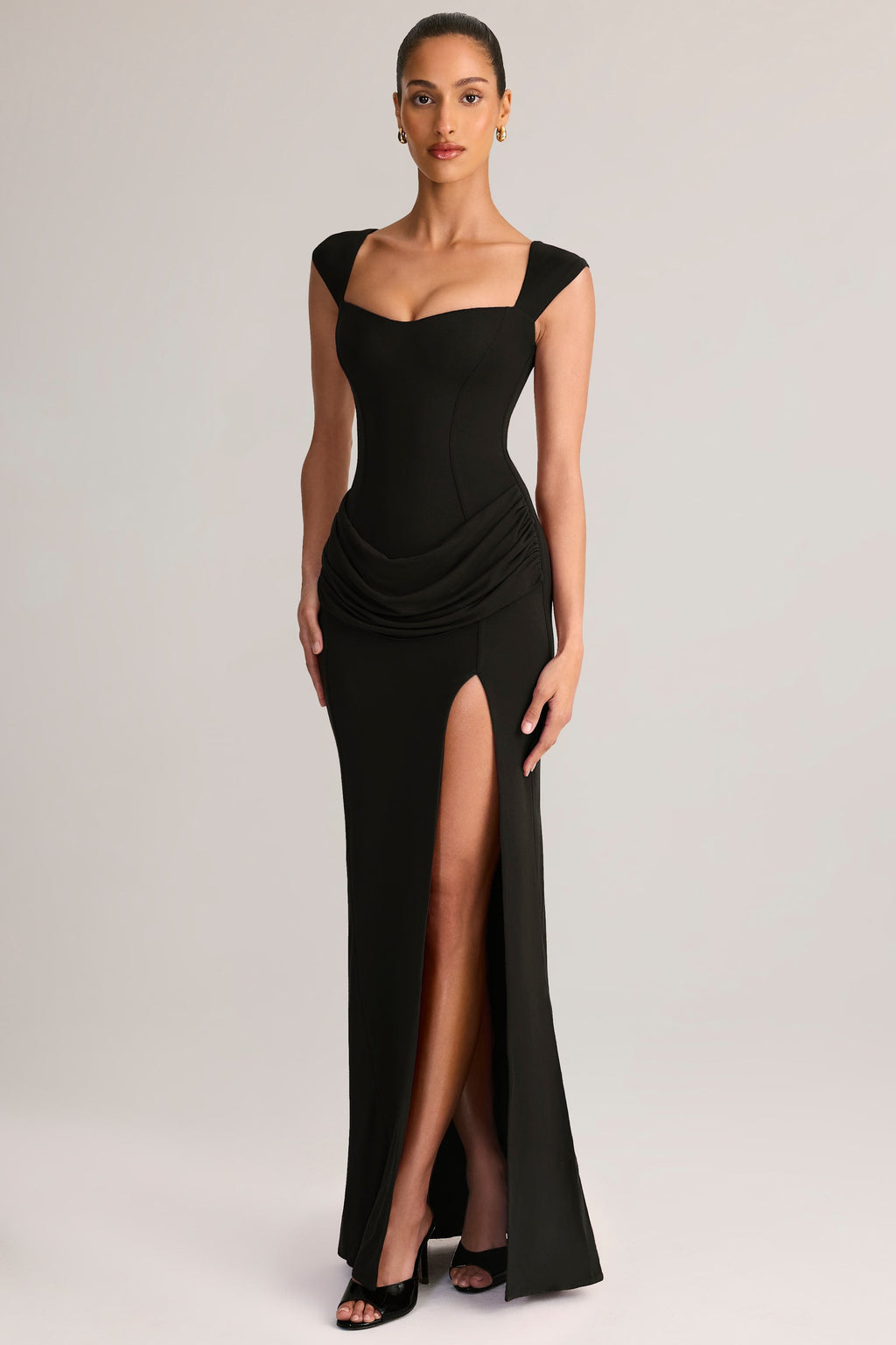 Chic Modal Sweetheart-Neck Cowl-Waist Maxi Dress in Black