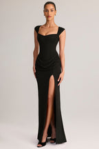Chic Modal Sweetheart-Neck Cowl-Waist Maxi Dress in Black