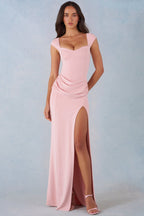Chic Modal Sweetheart-Neck Cowl-Waist Maxi Dress in Blush Pink