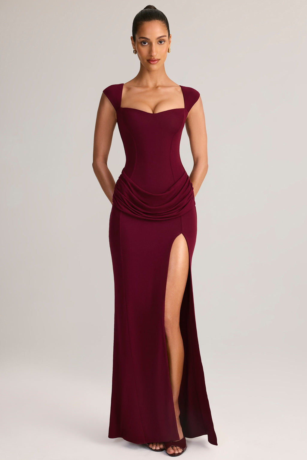Chic Modal Sweetheart-Neck Cowl-Waist Maxi Dress in Wine