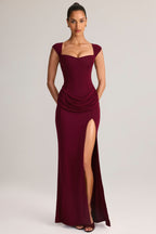 Chic Modal Sweetheart-Neck Cowl-Waist Maxi Dress in Wine