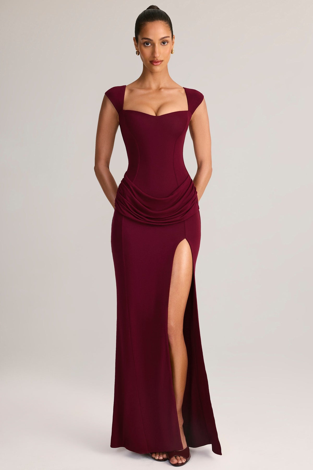 Chic Modal Sweetheart-Neck Cowl-Waist Maxi Dress in Wine