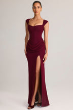 Chic Modal Sweetheart-Neck Cowl-Waist Maxi Dress in Wine