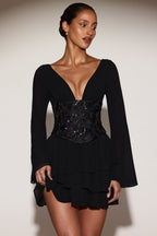Chic Chiffon Embellished Corset A-line Mini Dress in Black