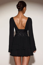 Chic Chiffon Embellished Corset A-line Mini Dress in Black