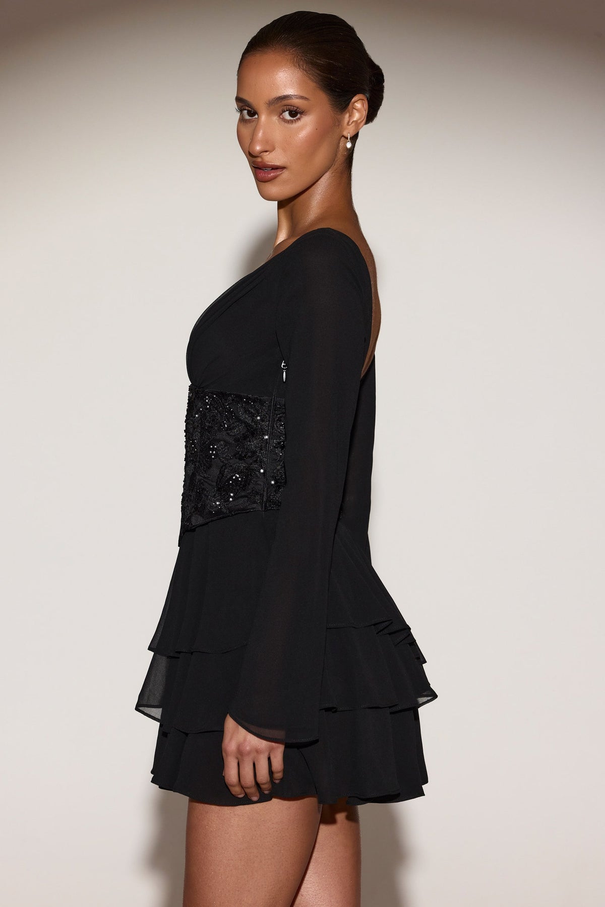 Chic Chiffon Embellished Corset A-line Mini Dress in Black