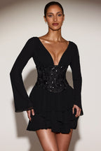 Chic Chiffon Embellished Corset A-line Mini Dress in Black