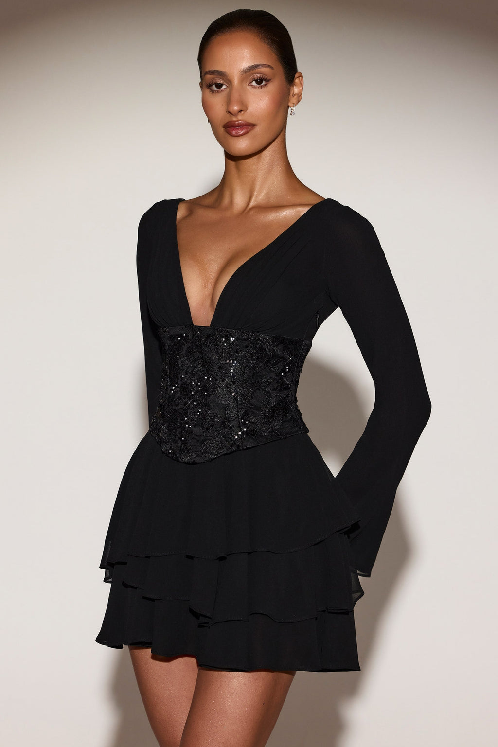 Chic Chiffon Embellished Corset A-line Mini Dress in Black