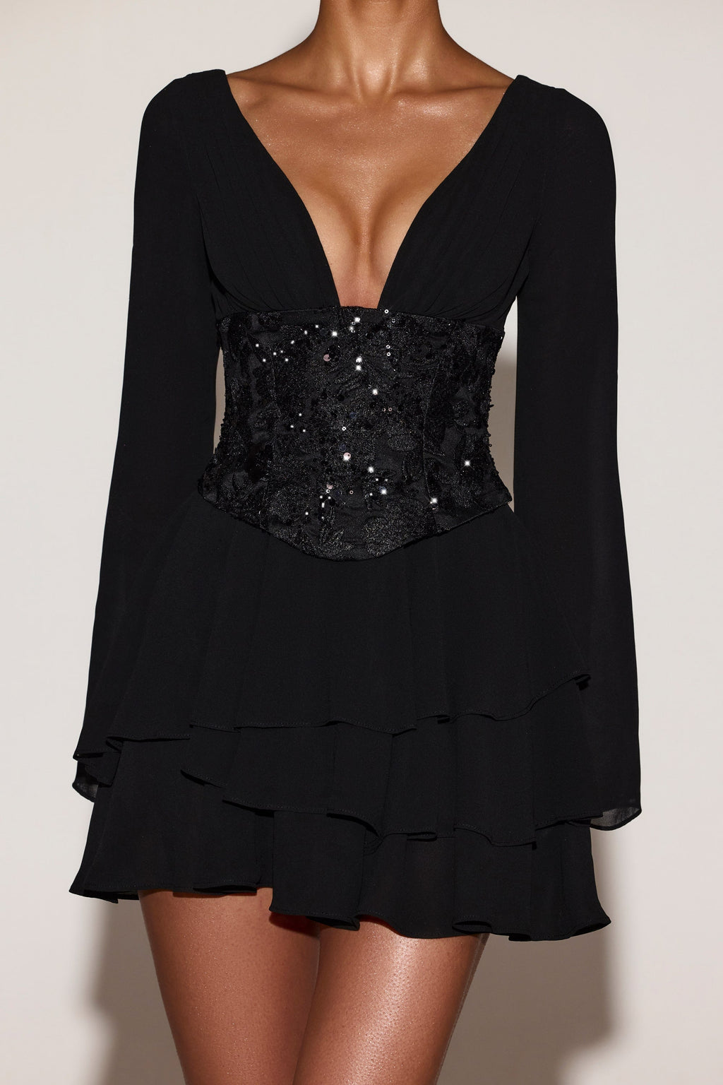 Chic Chiffon Embellished Corset A-line Mini Dress in Black
