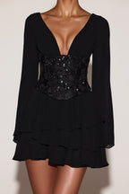 Chic Chiffon Embellished Corset A-line Mini Dress in Black