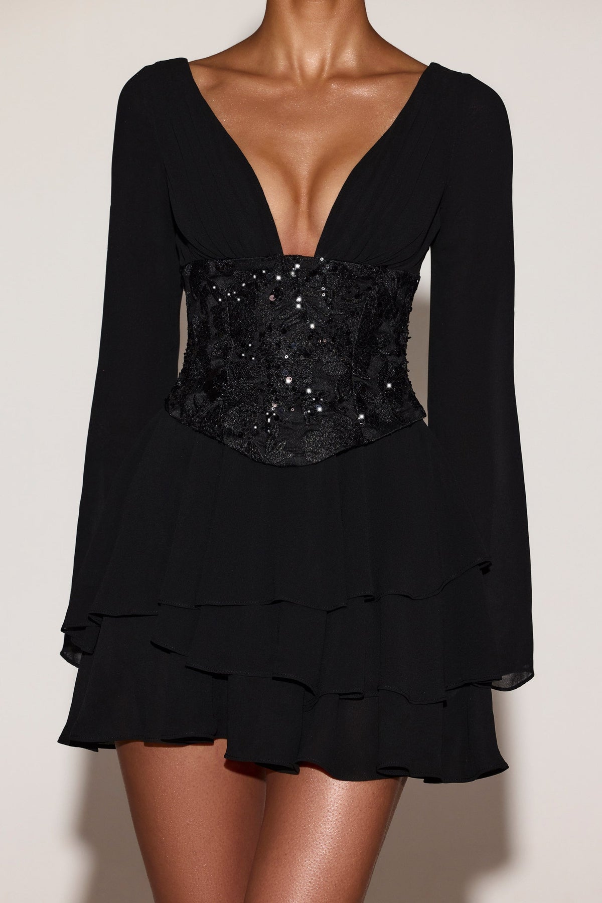 Chic Chiffon Embellished Corset A-line Mini Dress in Black