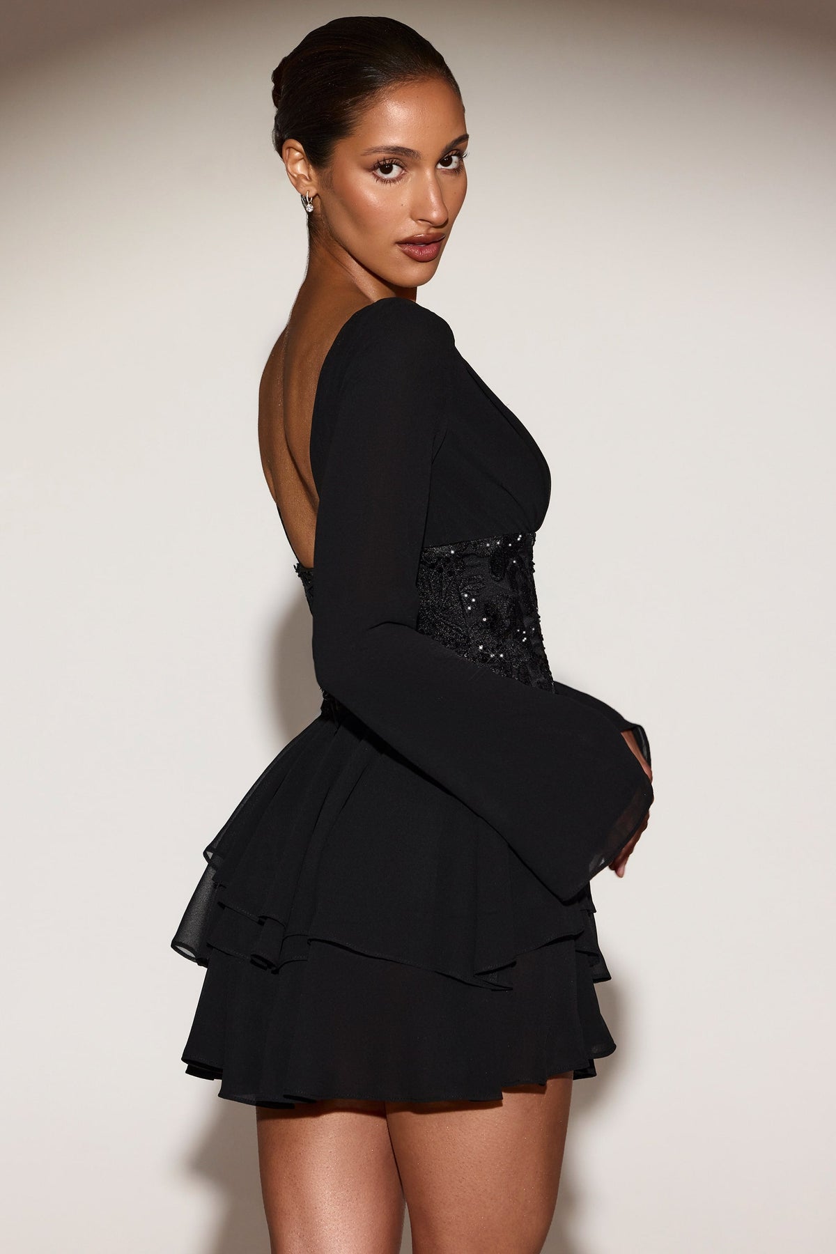 Chic Chiffon Embellished Corset A-line Mini Dress in Black