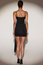 Chic Embellished V-Neck Draped Corset Mini Dress in Black