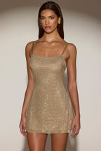 Chic Embellished Soft-Scoop Backless Fitted Mini Dress in Gold