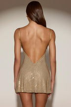 Chic Embellished Soft-Scoop Backless Fitted Mini Dress in Gold