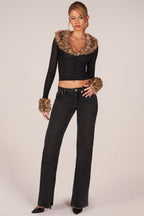 Chic Faux Fur-Trim Sheer Mesh Cardigan in Black