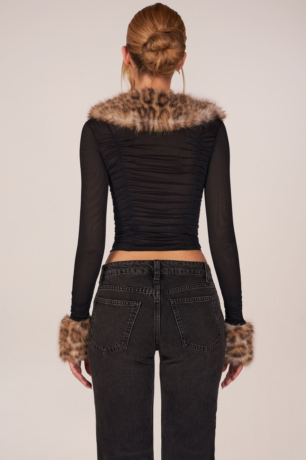 Chic Faux Fur-Trim Sheer Mesh Cardigan in Black