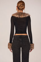 Chic Faux Fur-Trim Sheer Mesh Cardigan in Black