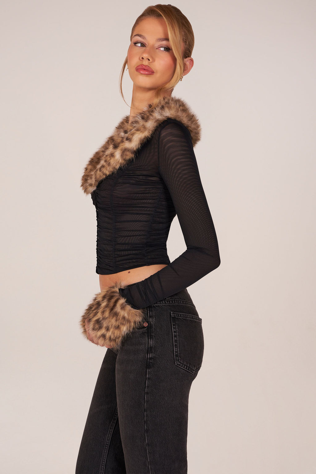 Chic Faux Fur-Trim Sheer Mesh Cardigan in Black