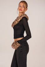 Chic Faux Fur-Trim Sheer Mesh Cardigan in Black