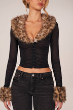 Chic Faux Fur-Trim Sheer Mesh Cardigan in Black