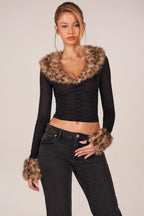 Chic Faux Fur-Trim Sheer Mesh Cardigan in Black