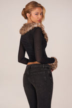 Chic Faux Fur-Trim Sheer Mesh Cardigan in Black