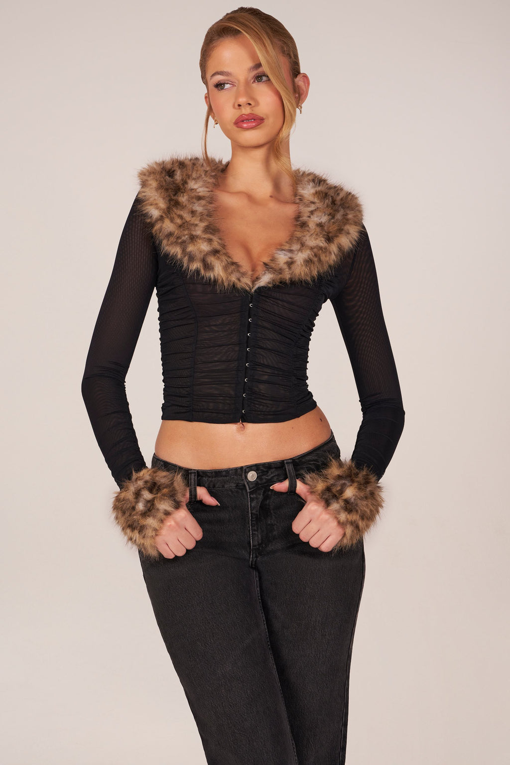 Chic Faux Fur-Trim Sheer Mesh Cardigan in Black